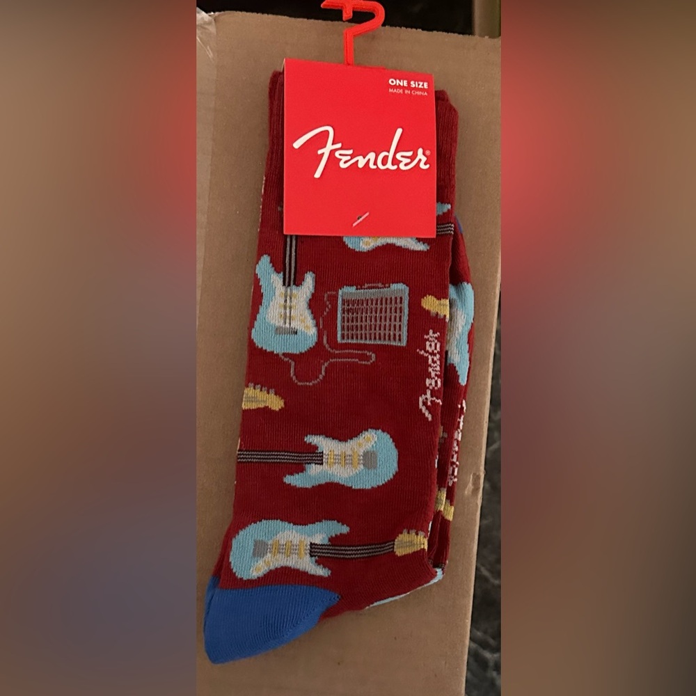 Fender Red Socks with Blue Guitar Design